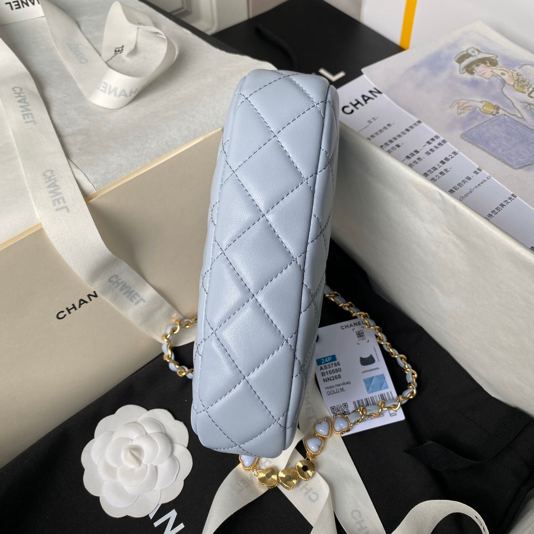 SAC HOBO 24P CC 20CM CUIR D'AGNEAU BLEU NUAGE QUINCAILLERIE DORÉ