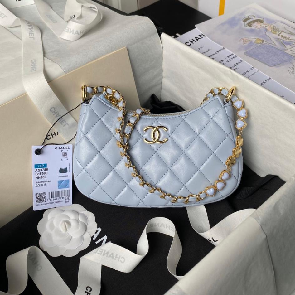 SAC HOBO 24P CC 20CM CUIR D'AGNEAU BLEU NUAGE QUINCAILLERIE DORÉ