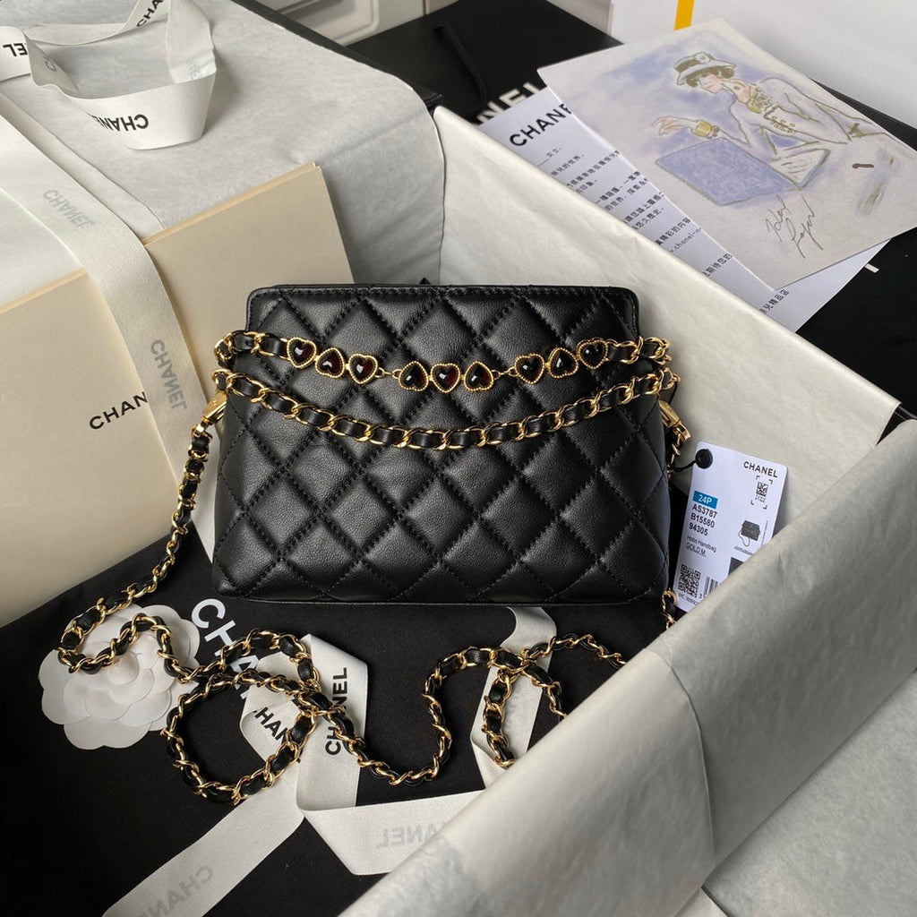 Pochette 24P avec chaîne 19 cm en cuir d'agneau noir