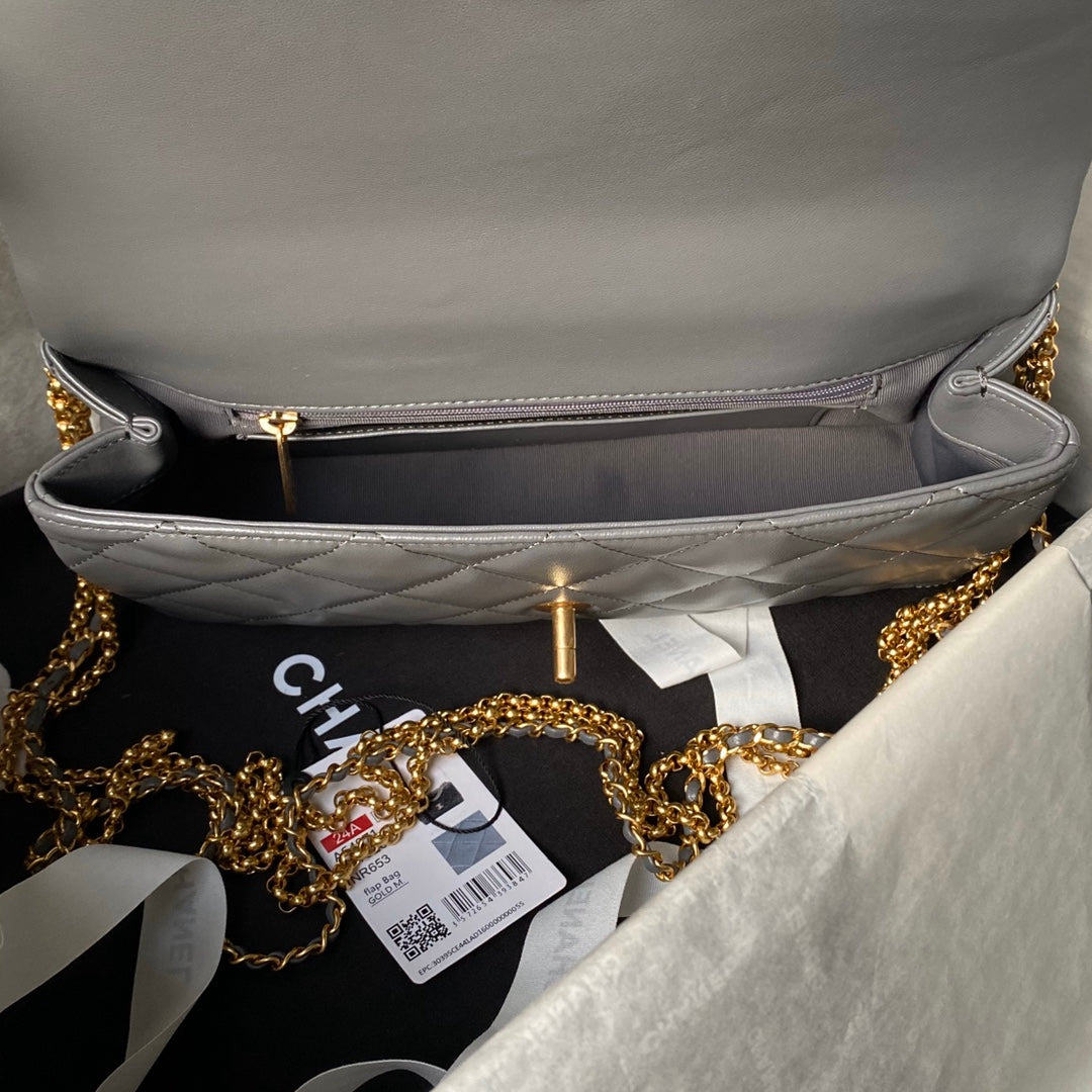 24A CLASSIC FLAP BAG 26CM GREY LAMBSKIN GOLD HARDWARE