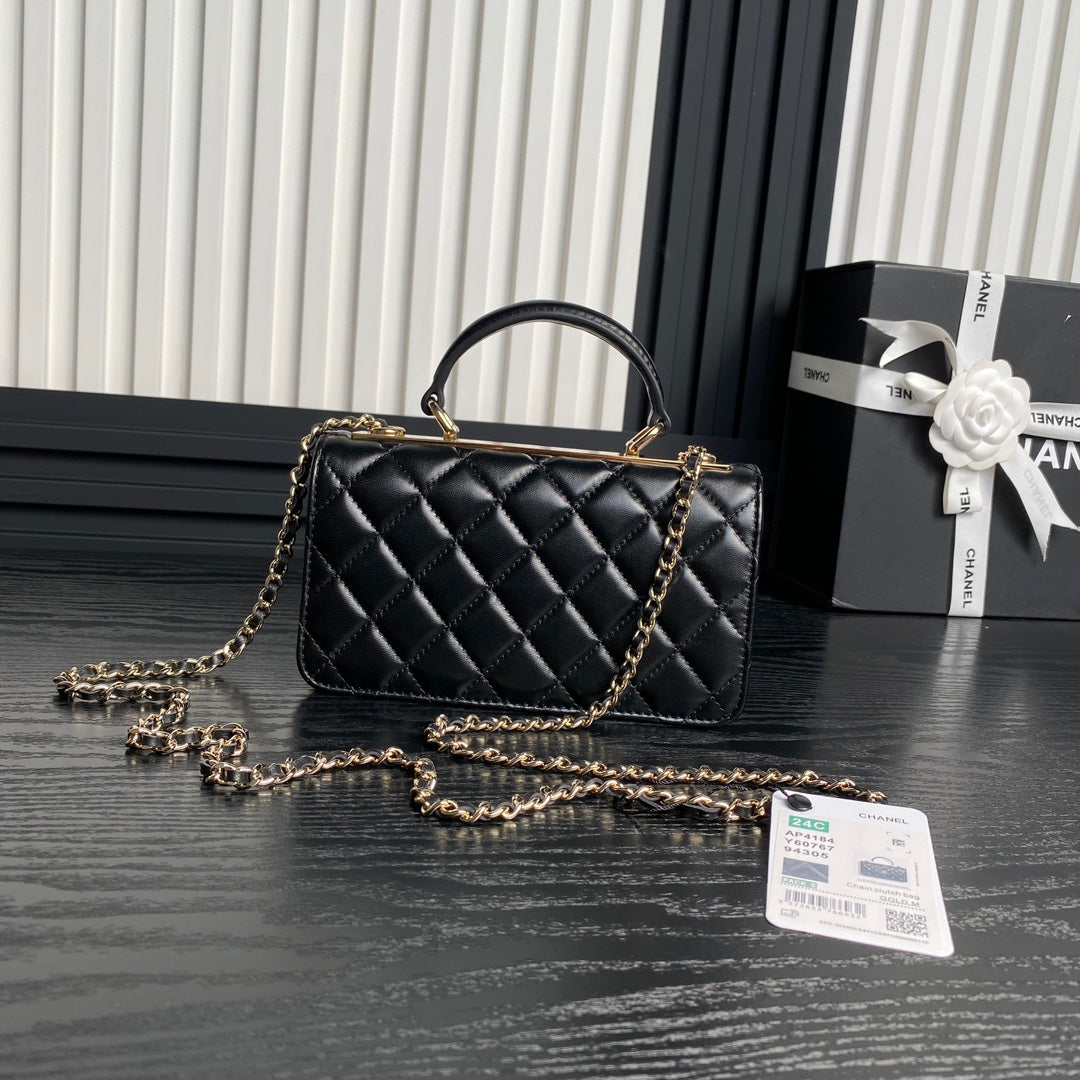 CC 24B SAC TENDANCE 18,5 CM CUIR D'AGNEAU NOIR QUINCAILLERIE DORÉ