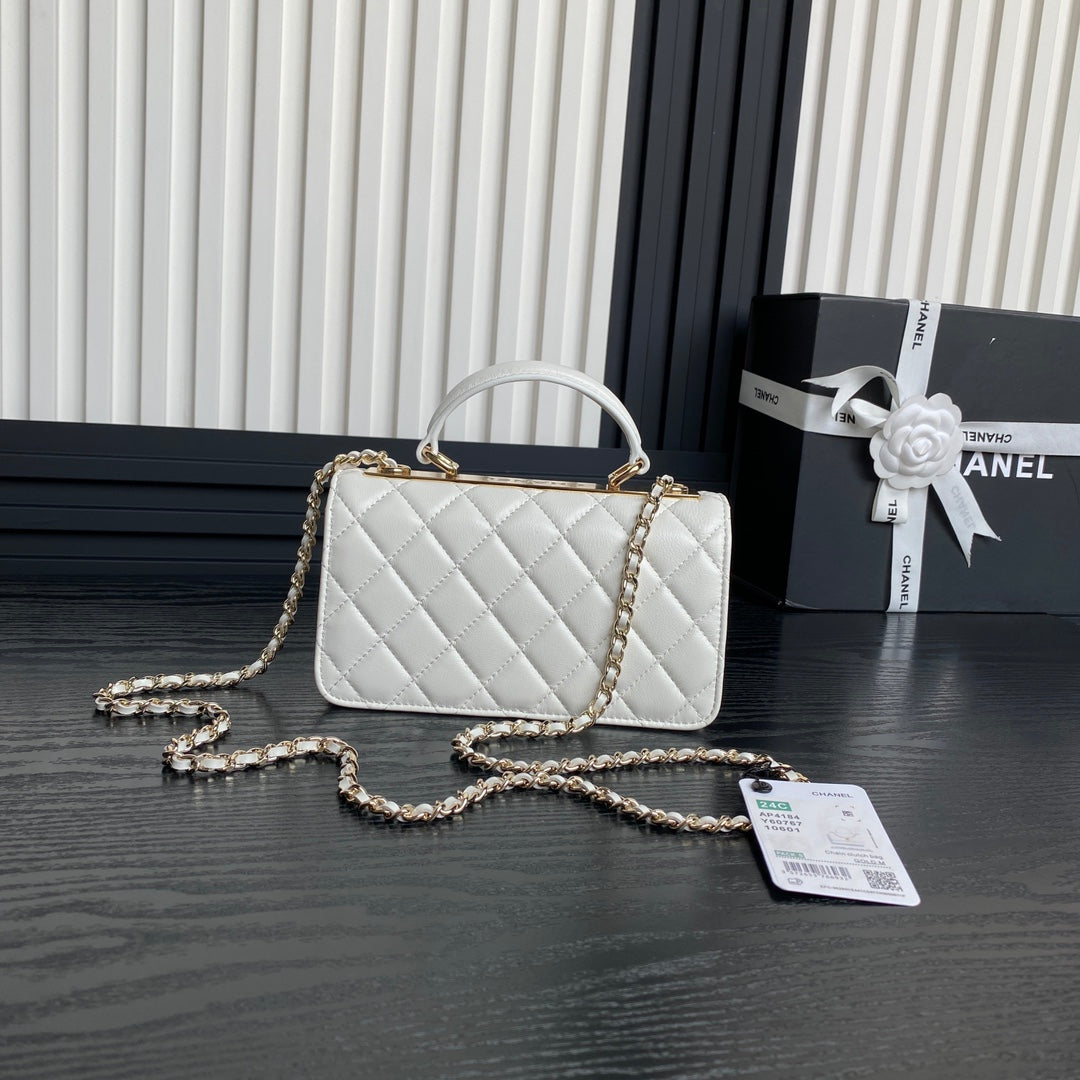 CC 24B SAC TENDANCE 18,5 CM CUIR D'AGNEAU BLANC QUINCAILLERIE DORÉ