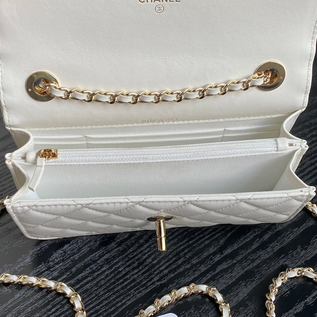 CC 24B SAC TENDANCE 18,5 CM CUIR D'AGNEAU BLANC QUINCAILLERIE DORÉ