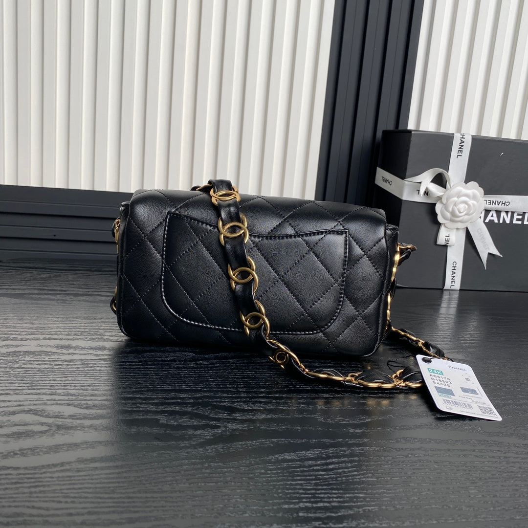 CC 24K MINI SAC À RABAT 21CM CUIR D'AGNEAU NOIR QUINCAILLERIE DORÉ