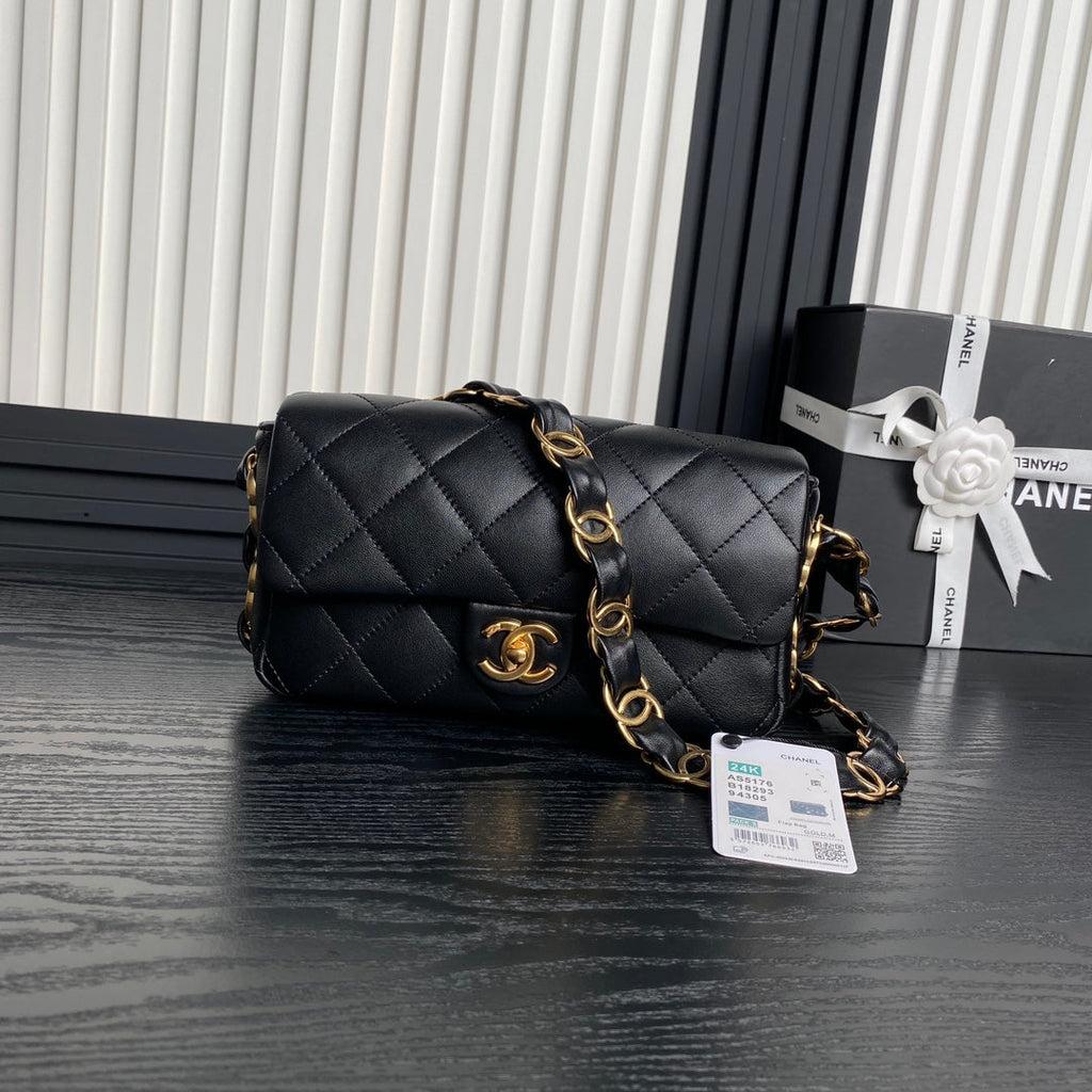 CC 24K MINI SAC À RABAT 21CM CUIR D'AGNEAU NOIR QUINCAILLERIE DORÉ