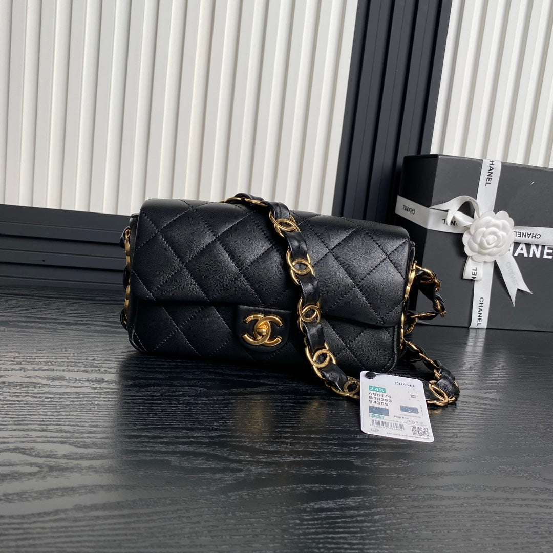 CC 24K MINI SAC À RABAT 21CM CUIR D'AGNEAU NOIR QUINCAILLERIE DORÉ