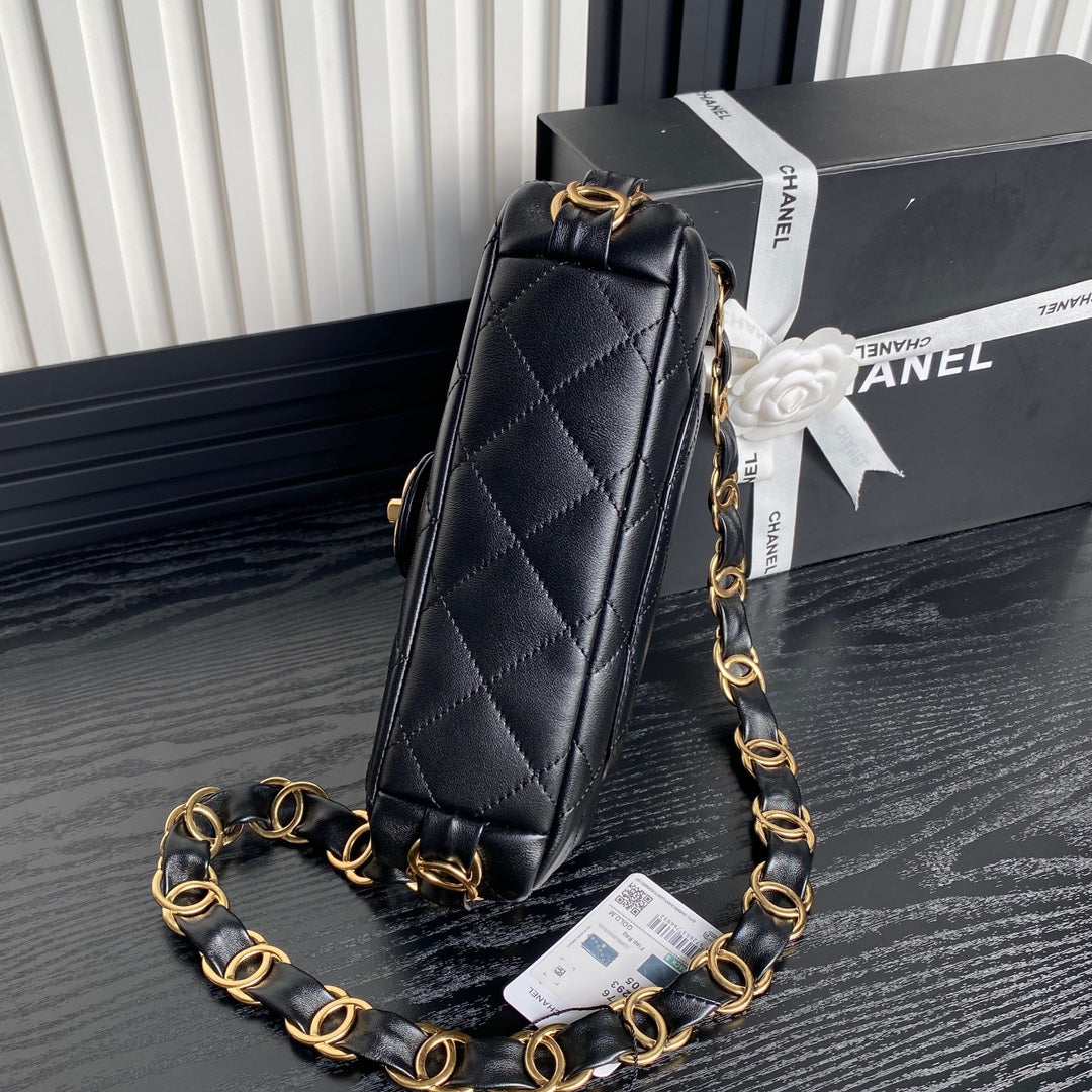 CC 24K MINI SAC À RABAT 21CM CUIR D'AGNEAU NOIR QUINCAILLERIE DORÉ