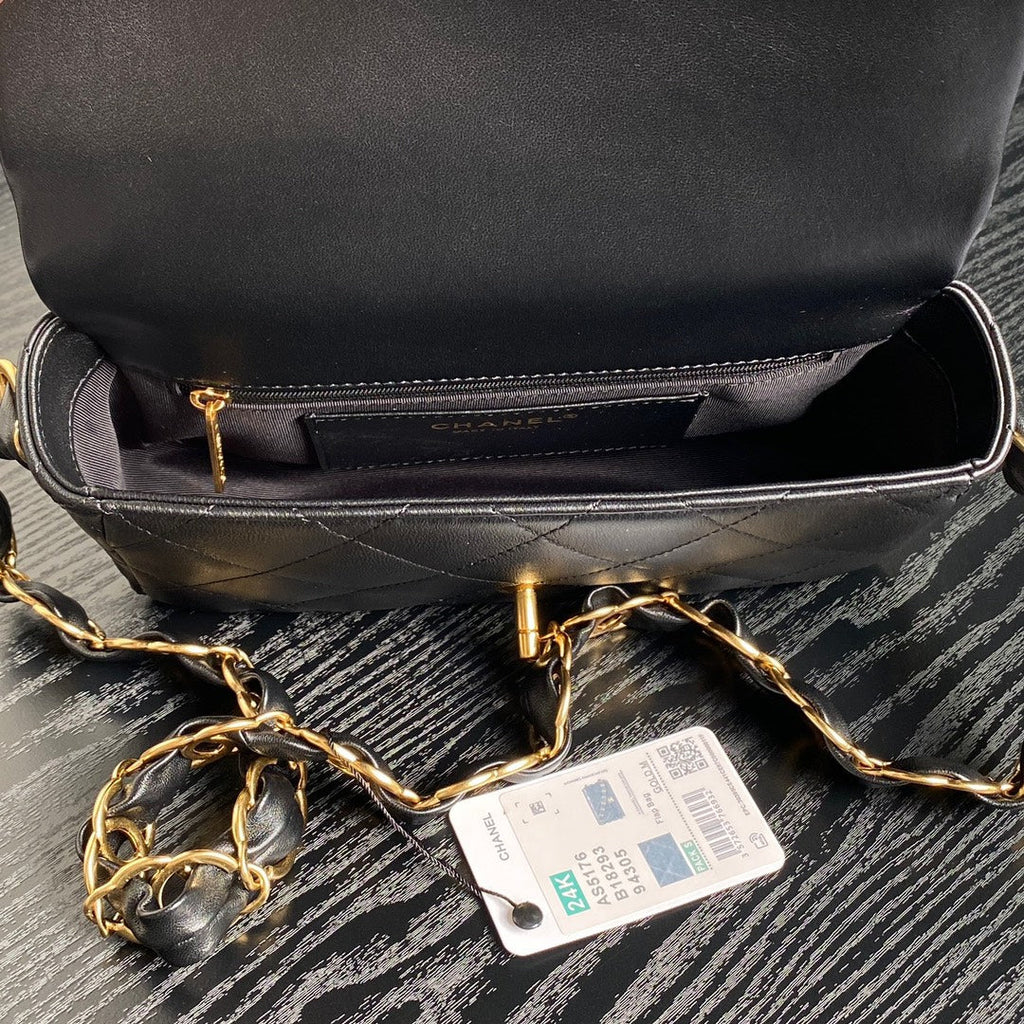 CC 24K MINI SAC À RABAT 21CM CUIR D'AGNEAU NOIR QUINCAILLERIE DORÉ