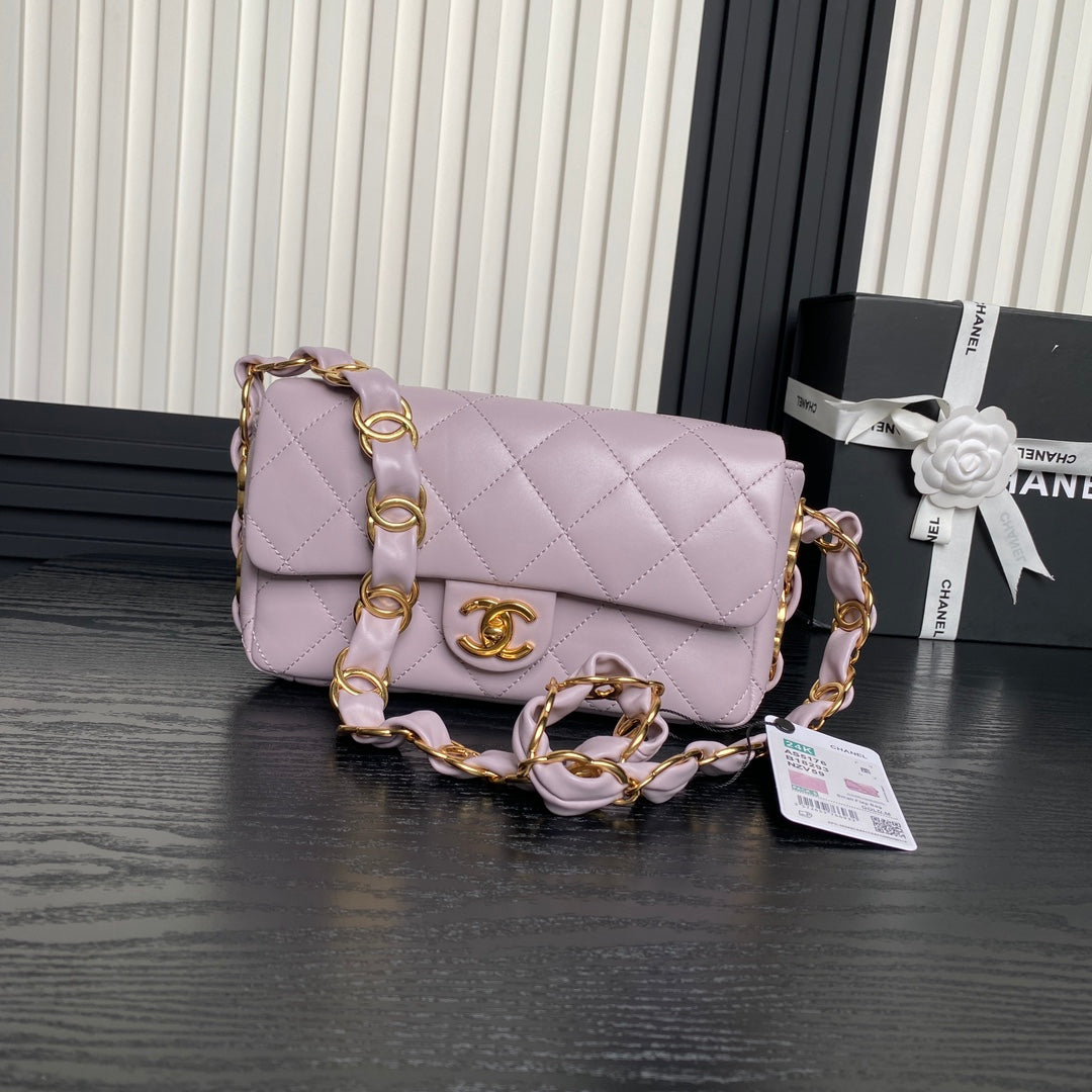 CC 24K MINI SAC À RABAT 21CM CUIR D'AGNEAU VIOLET CLAIR QUINCAILLERIE DORÉ