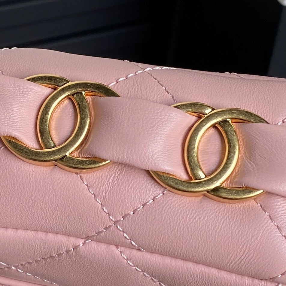 CC 24K MINI SAC À RABAT 21CM CUIR D'AGNEAU ROSE QUINCAILLERIE DORÉ