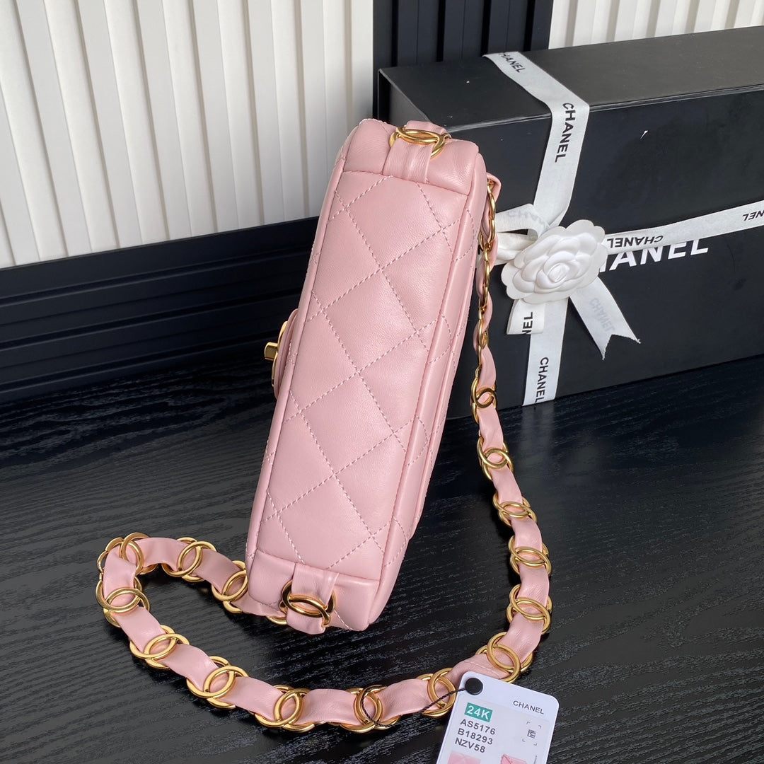 CC 24K MINI SAC À RABAT 21CM CUIR D'AGNEAU ROSE QUINCAILLERIE DORÉ