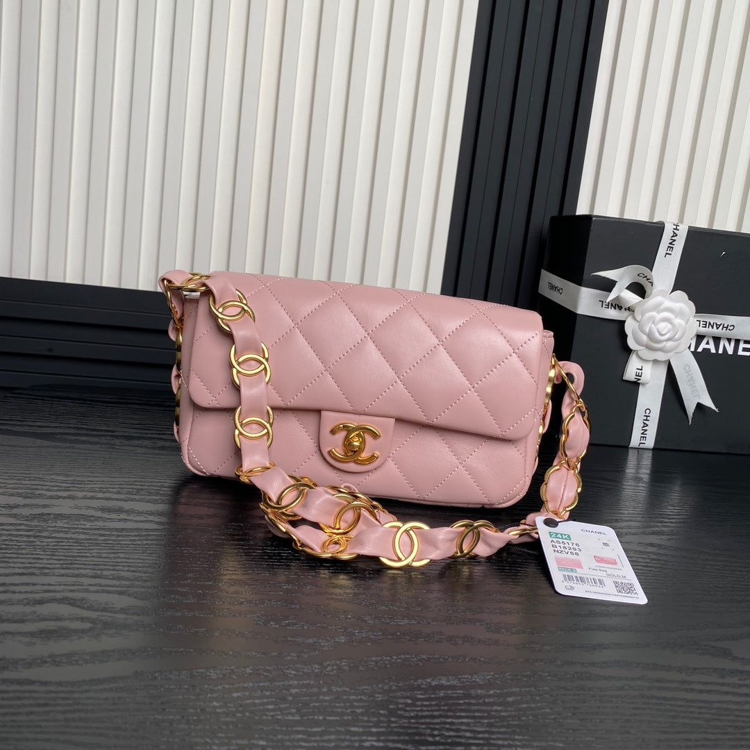 CC 24K MINI SAC À RABAT 21CM CUIR D'AGNEAU ROSE QUINCAILLERIE DORÉ