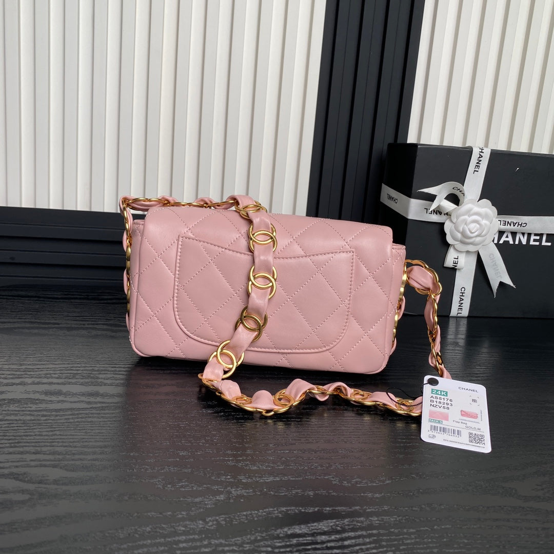 CC 24K MINI SAC À RABAT 21CM CUIR D'AGNEAU ROSE QUINCAILLERIE DORÉ