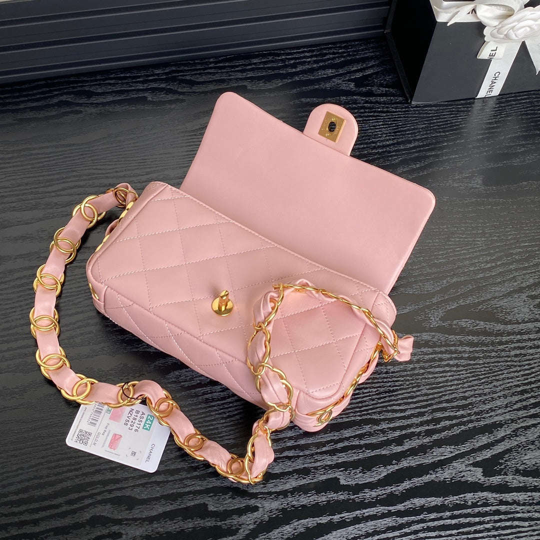 CC 24K MINI FLAP BAG 21CM PINK LAMBSKIN GOLD HARDWARE