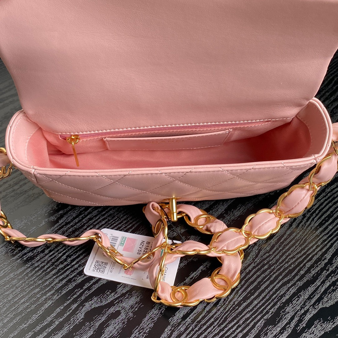 CC 24K MINI FLAP BAG 21CM PINK LAMBSKIN GOLD HARDWARE