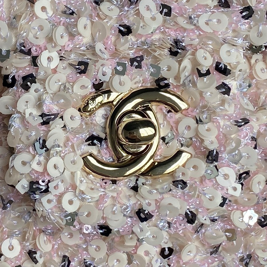 CC 24K FLAP BAG 20CM PINK WHITE SEQUIN BEIGE LAMBSKIN