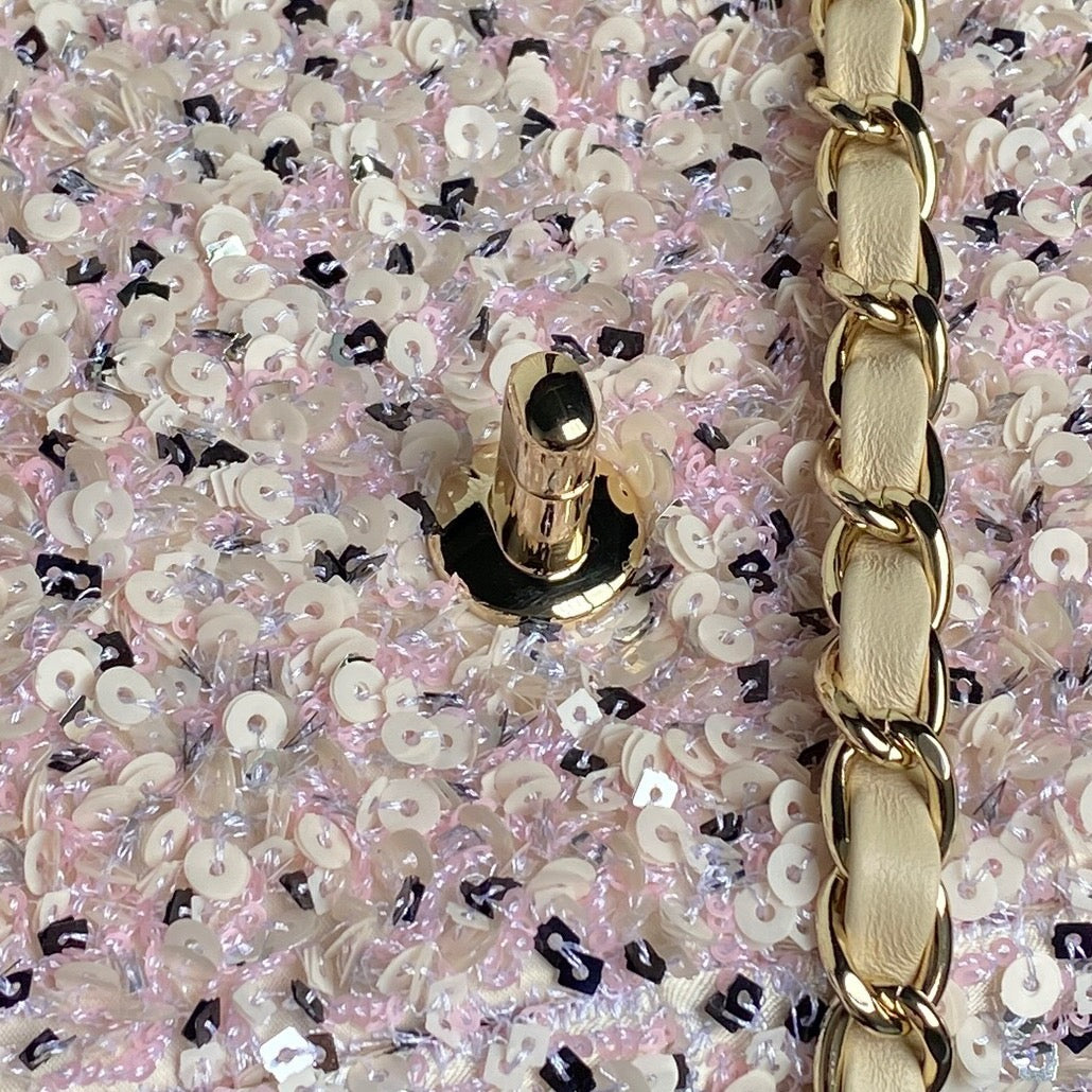 CC 24K FLAP BAG 20CM PINK WHITE SEQUIN BEIGE LAMBSKIN