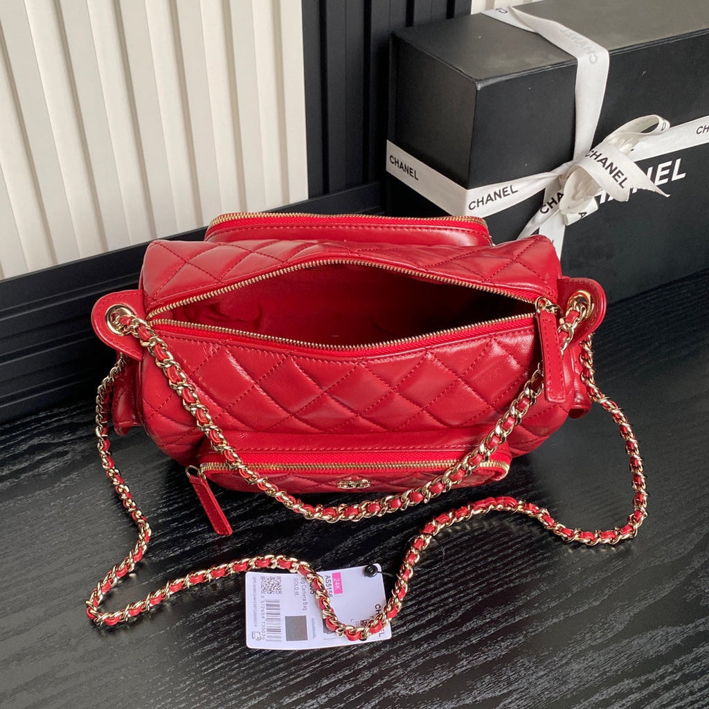 24K CAMERA BAG RED CALFSKIN GOLD HARDWARE