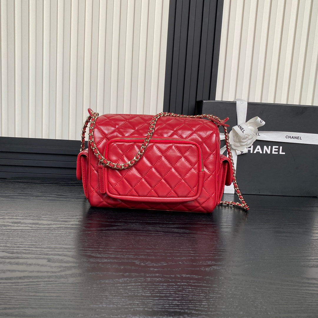 24K CAMERA BAG RED CALFSKIN GOLD HARDWARE