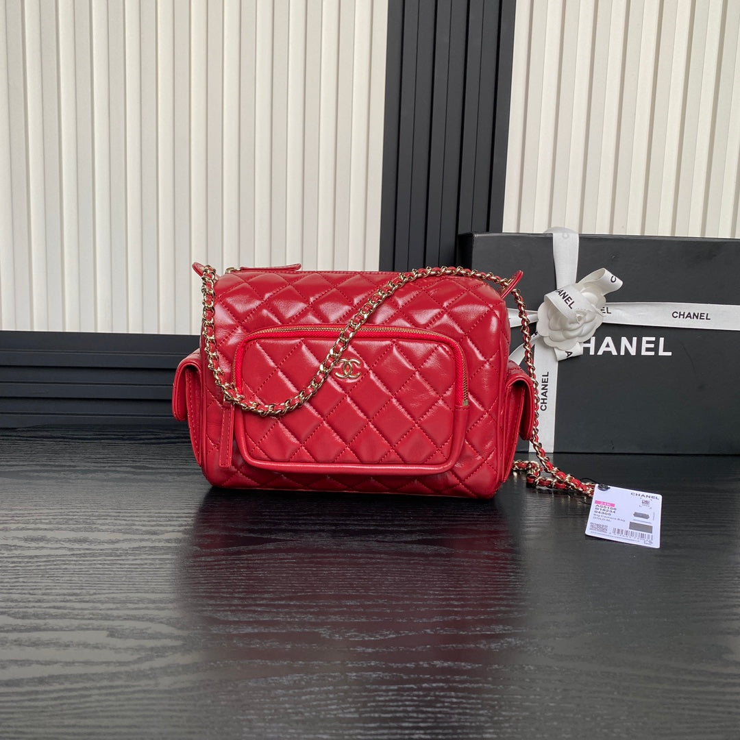 24K CAMERA BAG RED CALFSKIN GOLD HARDWARE