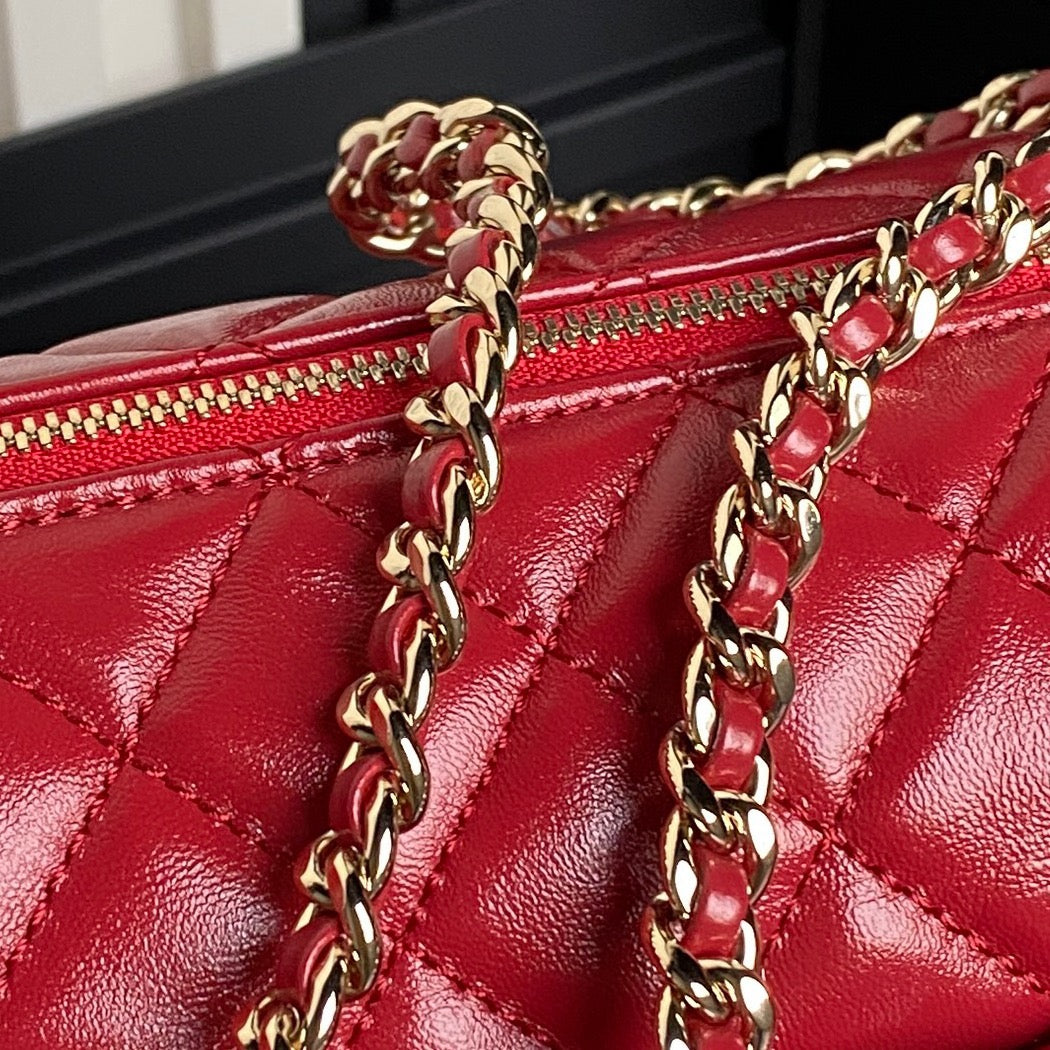 24K CAMERA BAG RED CALFSKIN GOLD HARDWARE
