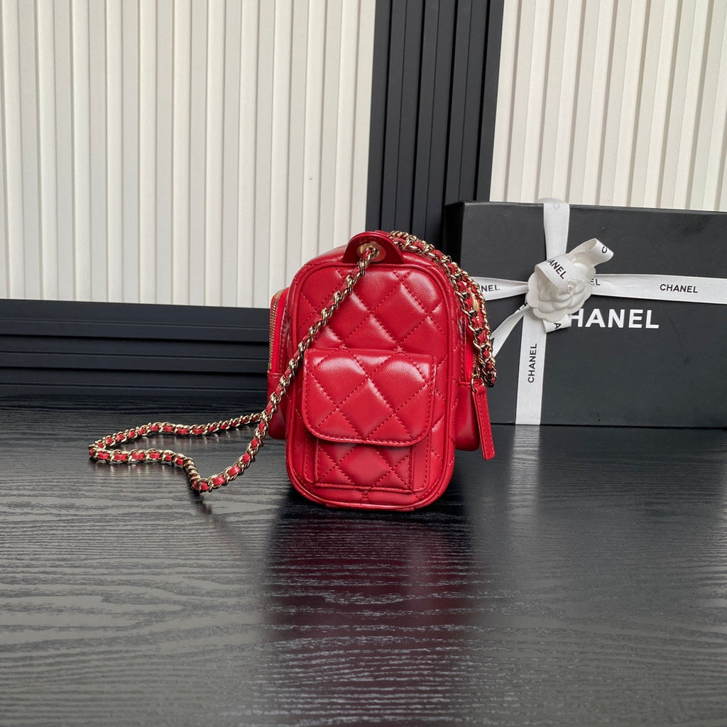 24K CAMERA BAG RED CALFSKIN GOLD HARDWARE