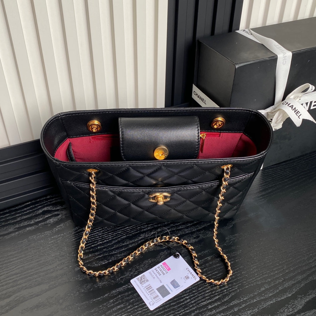 SAC CABAS 24K 28CM CUIR DE VEAU NOIR QUINCAILLERIE OR
