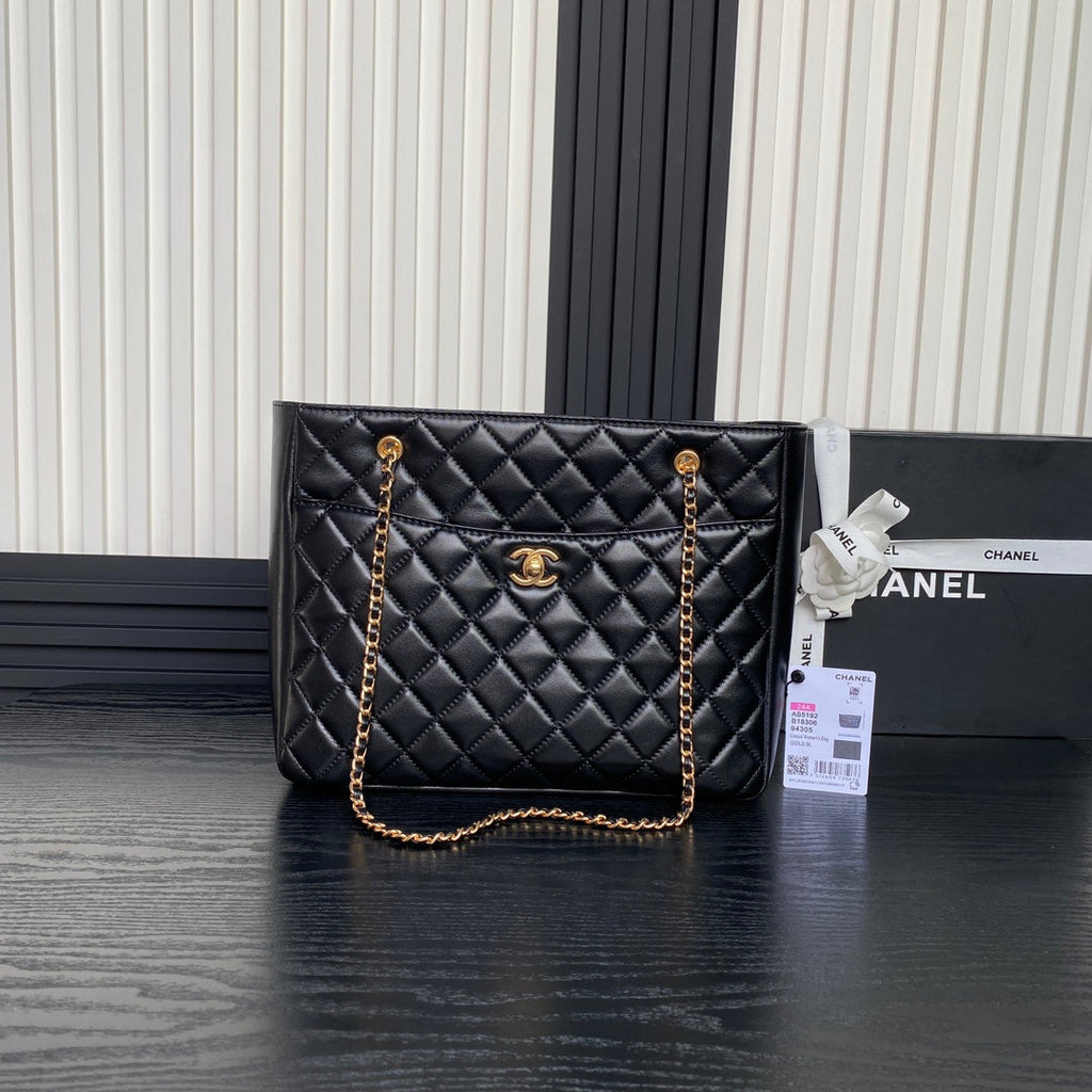 SAC CABAS 24K 32CM CUIR DE VEAU NOIR QUINCAILLERIE OR