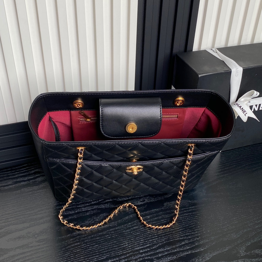 24K SHOPPING BAG 32CM BLACK CALFSKIN GOLD HARDWARE