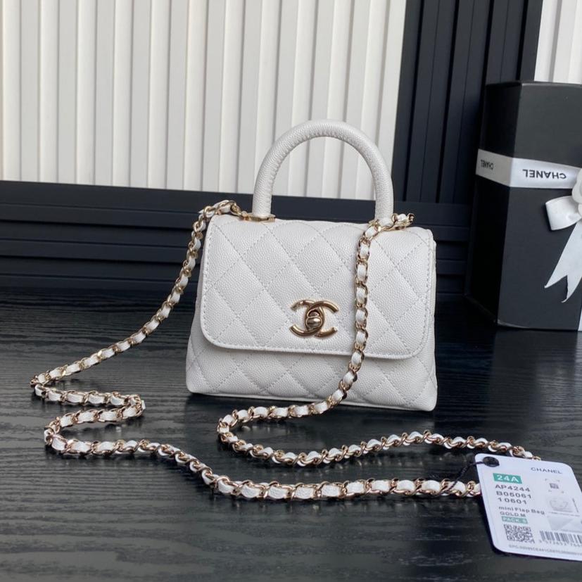 CC 24K COCO HANDLE NANO 14,5 CM CUIR DE VEAU GRAINÉ BLANC QUINCAILLERIE DORÉ 