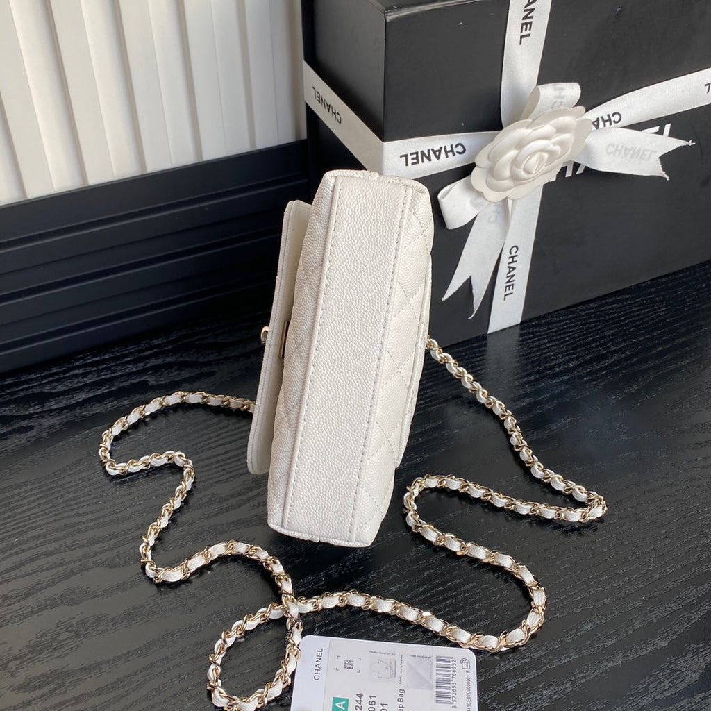CC 24K COCO HANDLE NANO 14,5 CM CUIR DE VEAU GRAINÉ BLANC QUINCAILLERIE DORÉ 