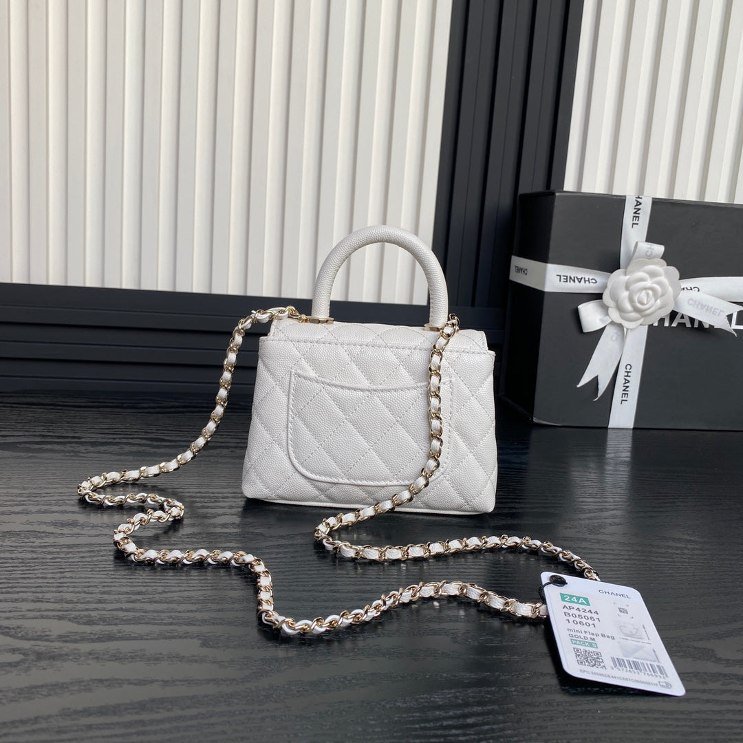 CC 24K COCO HANDLE NANO 14,5 CM CUIR DE VEAU GRAINÉ BLANC QUINCAILLERIE DORÉ 