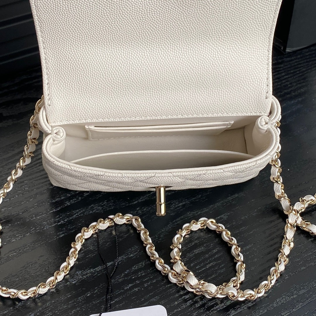 CC 24K COCO HANDLE NANO 14,5 CM CUIR DE VEAU GRAINÉ BLANC QUINCAILLERIE DORÉ 