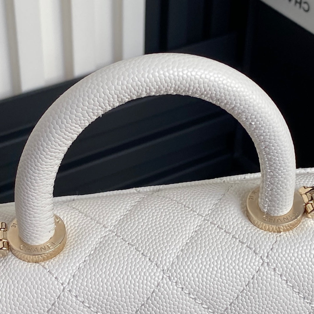 CC 24K COCO HANDLE NANO 14,5 CM CUIR DE VEAU GRAINÉ BLANC QUINCAILLERIE DORÉ 