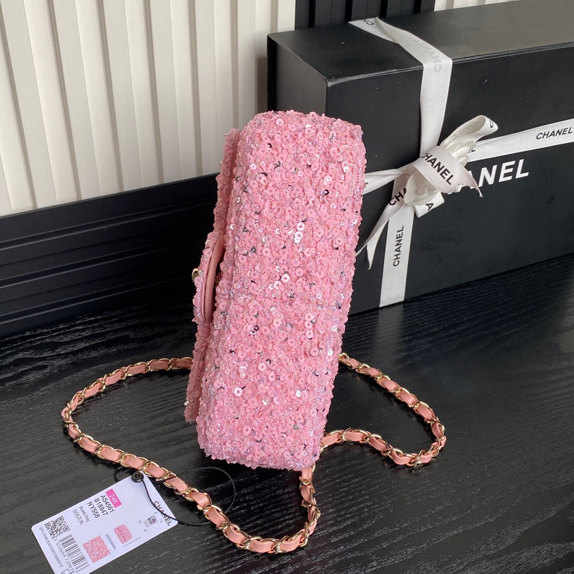 CC 24K FLAP BAG 20CM PINK SEQUIN