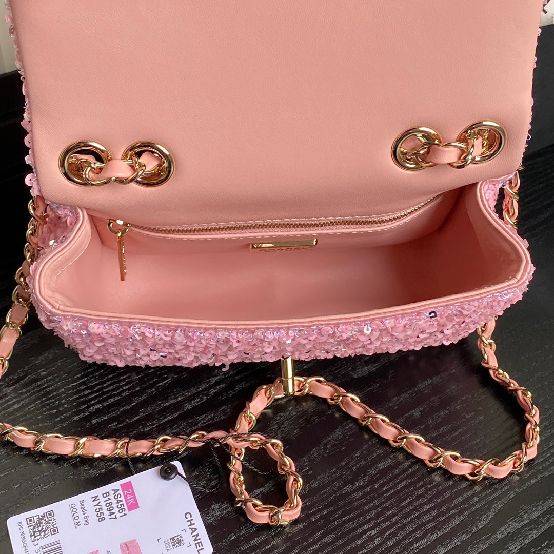 CC 24K FLAP BAG 20CM PINK SEQUIN