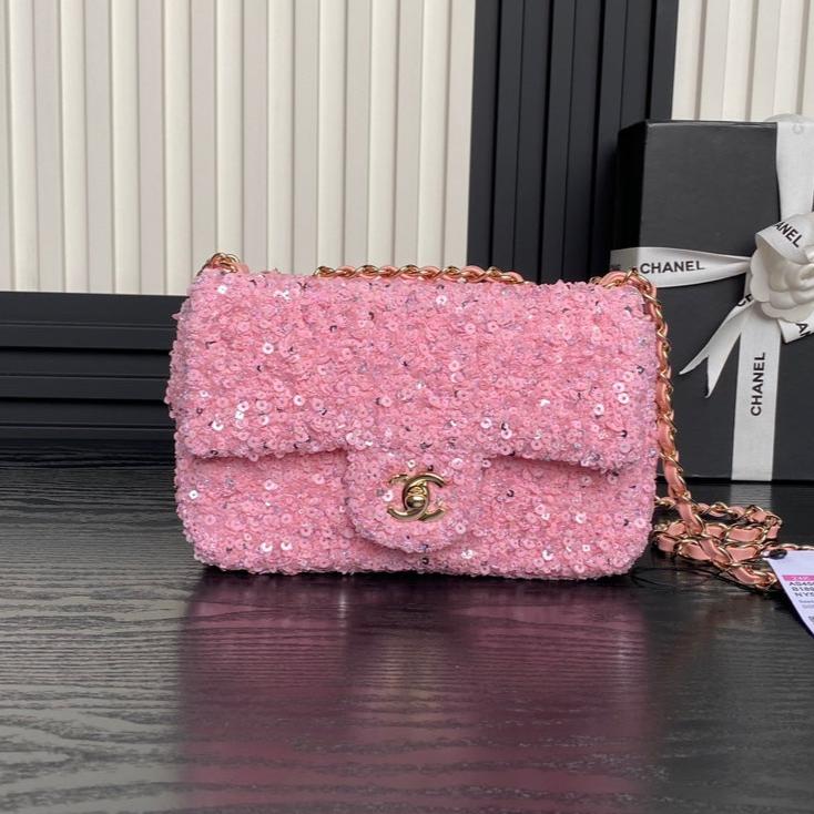 CC 24K FLAP BAG 20CM PINK SEQUIN