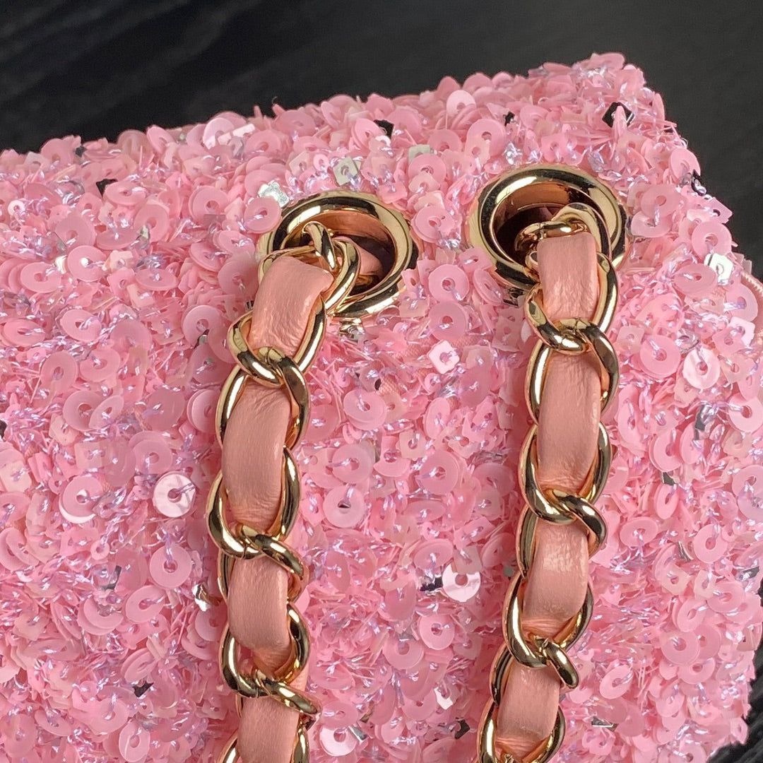 CC 24K FLAP BAG 20CM PINK SEQUIN