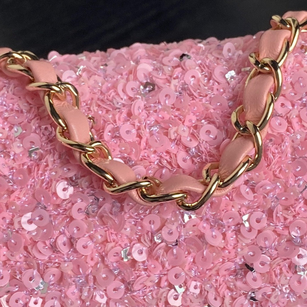 CC 24K FLAP BAG 20CM PINK SEQUIN