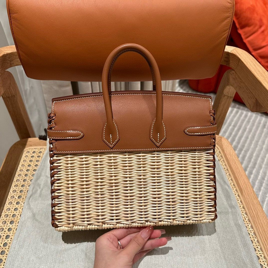 HM BIRKIN 25 CM PICNIC GOLD BAMBOU ET ROTIN