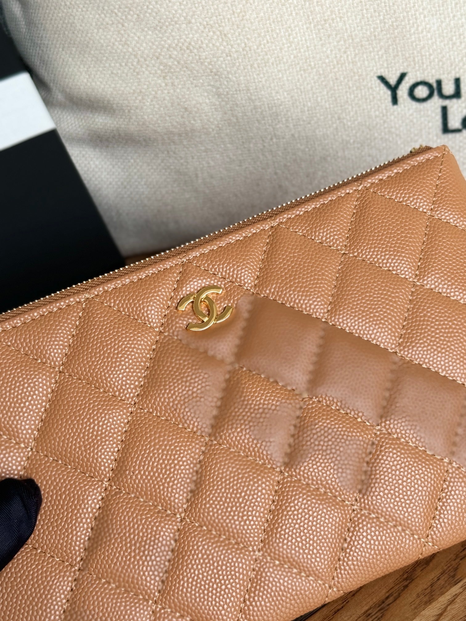 CC ZIPPED WALLET 20CM BROWN QUILTED CAVIAR GOLD HARDWARE