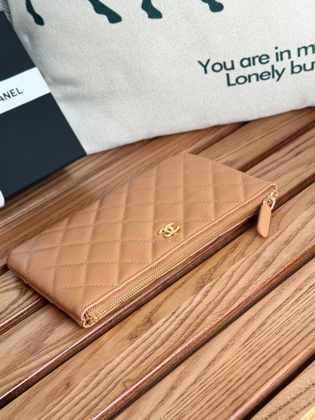 CC ZIPPED WALLET 20CM BROWN QUILTED CAVIAR GOLD HARDWARE