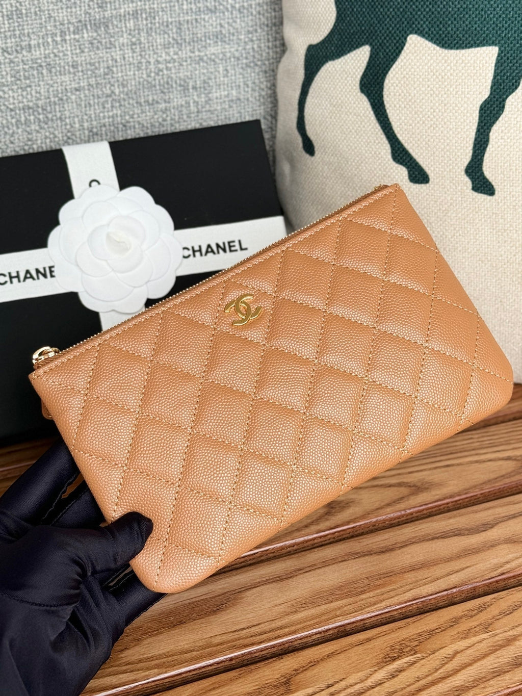 CC ZIPPED WALLET 20CM BROWN QUILTED CAVIAR GOLD HARDWARE