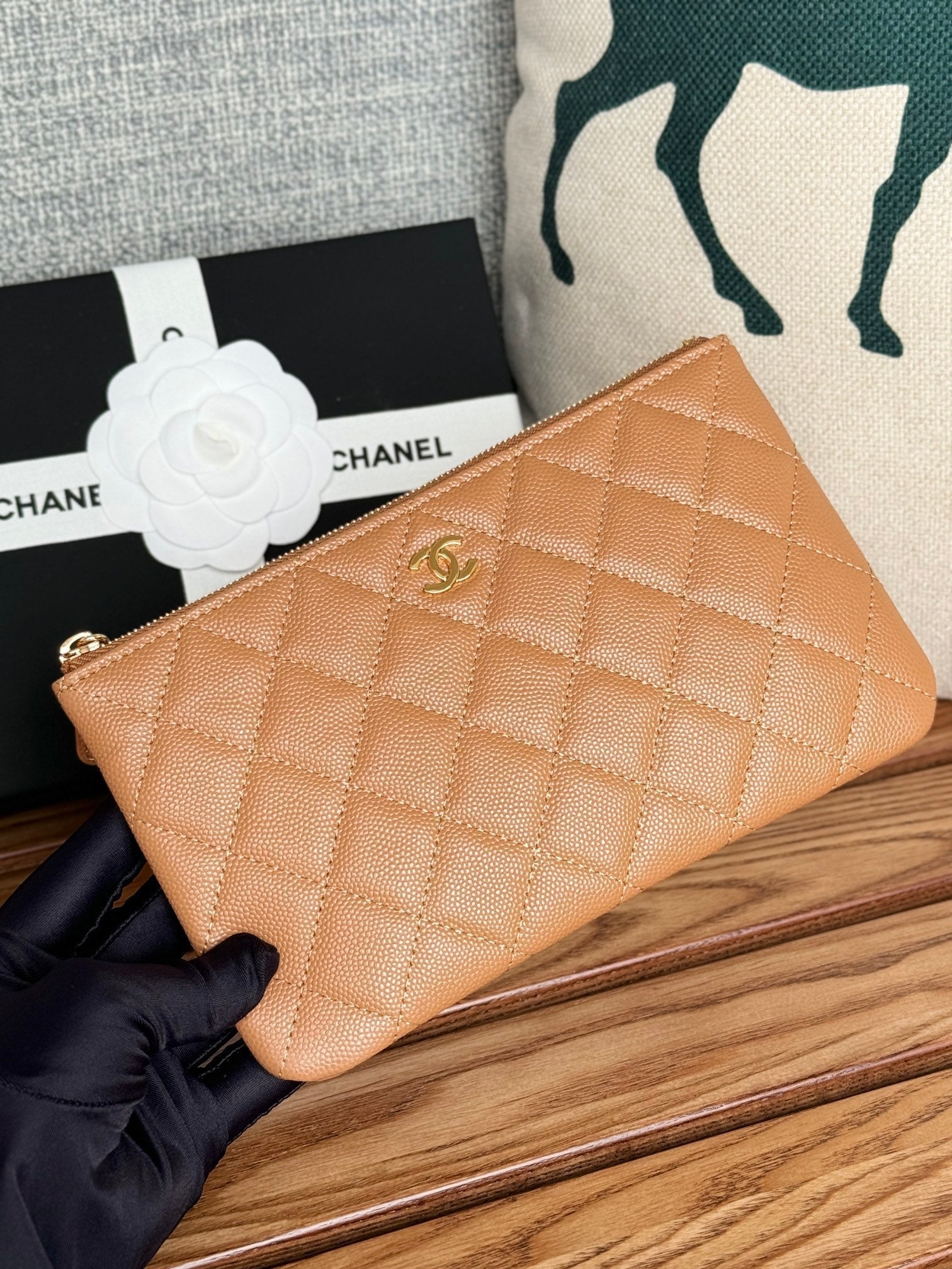 CC ZIPPED WALLET 20CM BROWN QUILTED CAVIAR GOLD HARDWARE