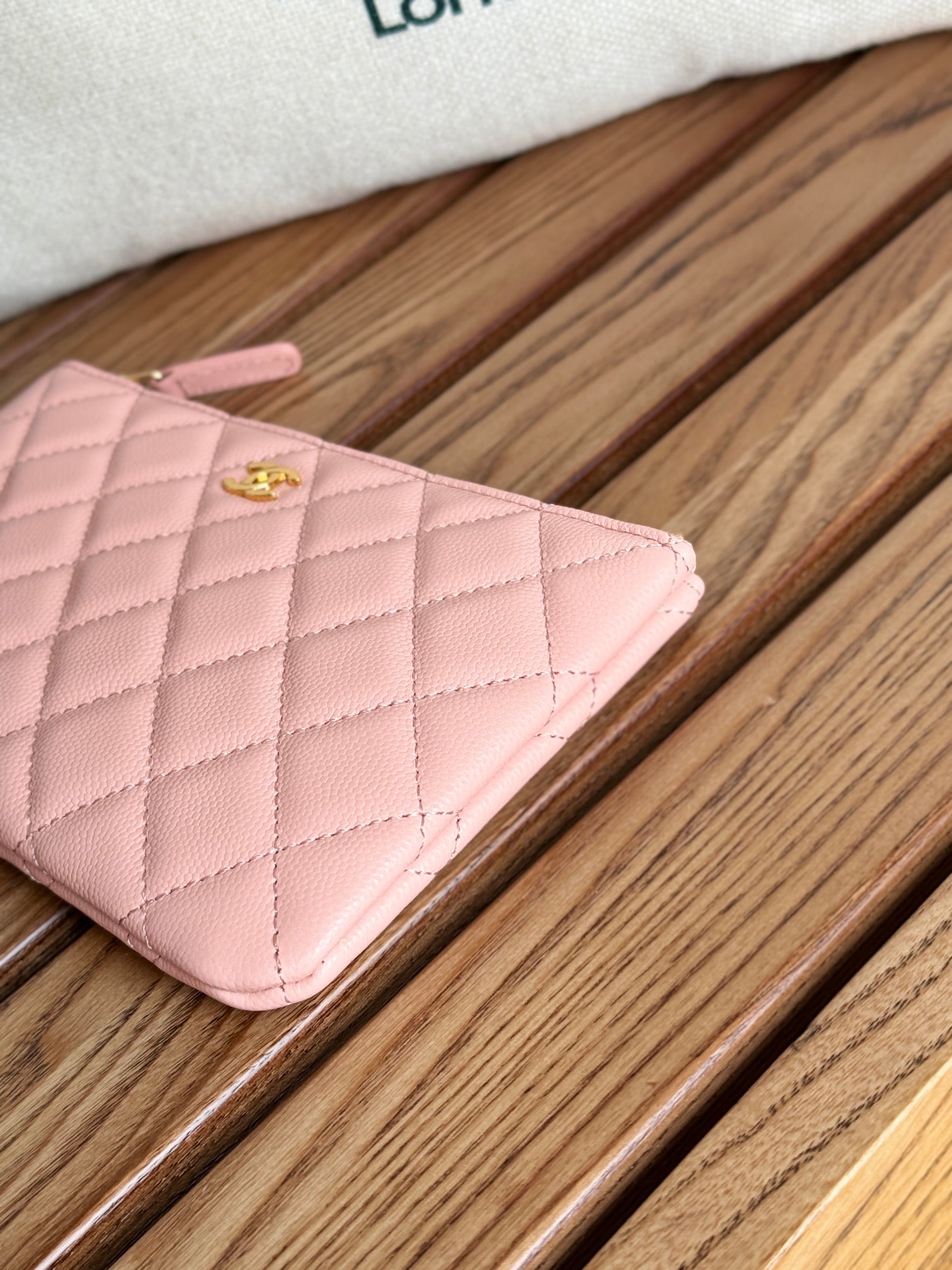 CC ZIPPED WALLET 20CM PINK QUILTED CAVIAR GOLD HARDWARE