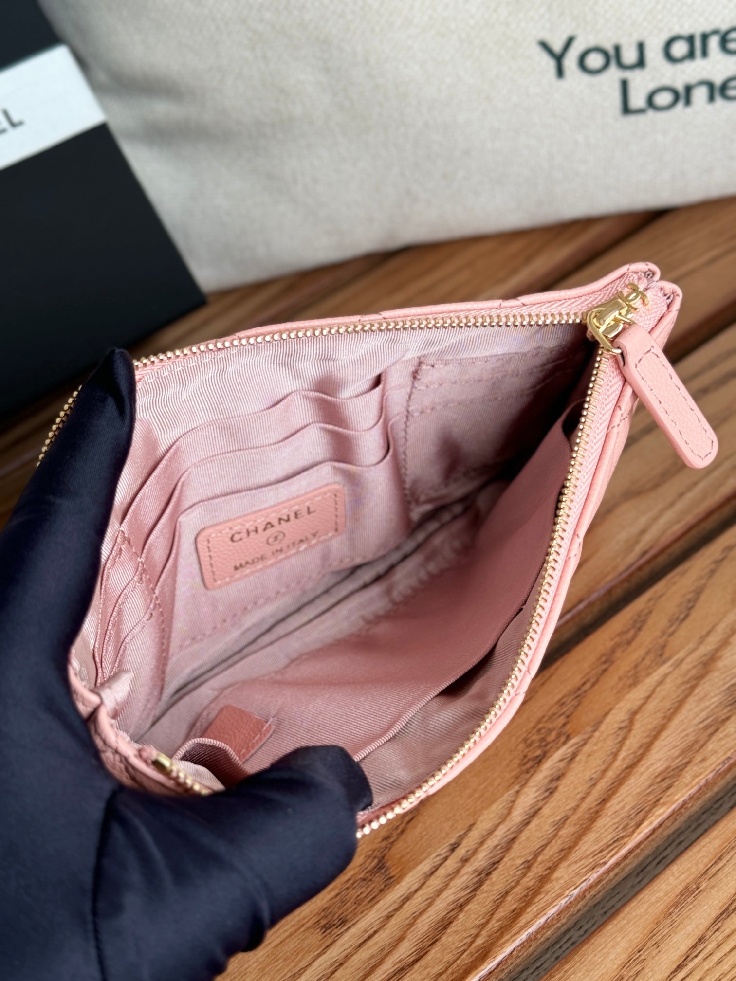 CC ZIPPED WALLET 20CM PINK QUILTED CAVIAR GOLD HARDWARE