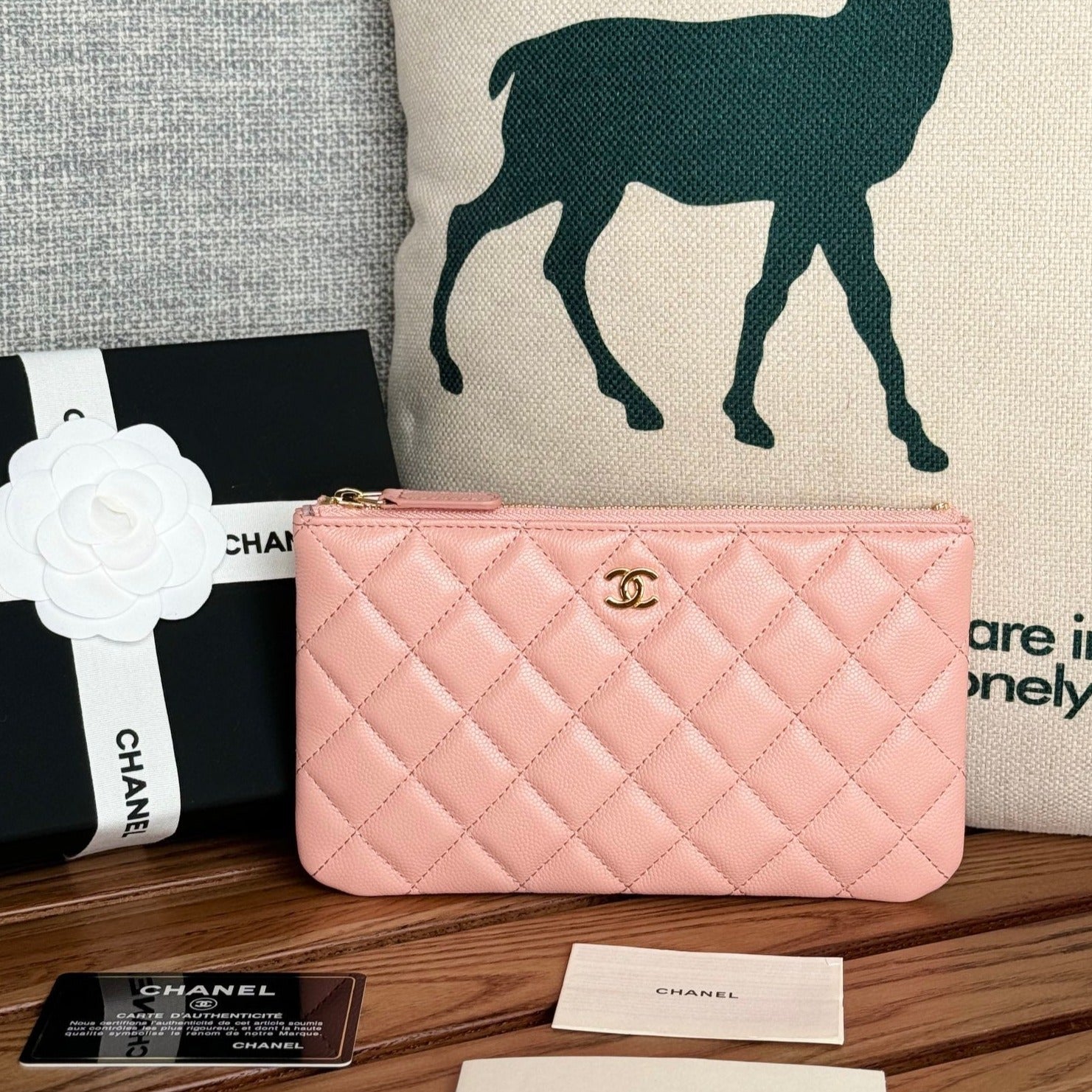 CC ZIPPED WALLET 20CM PINK QUILTED CAVIAR GOLD HARDWARE
