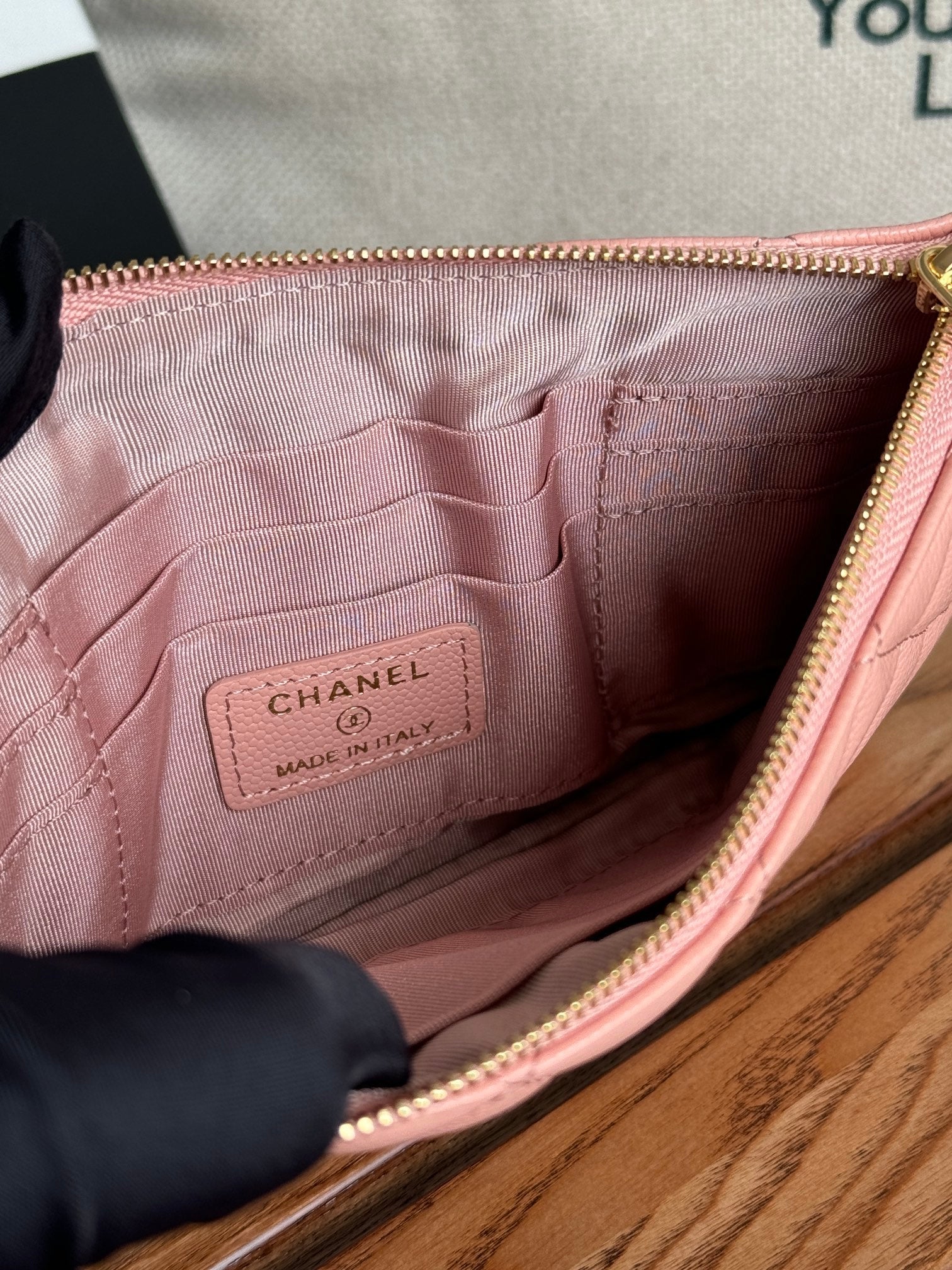 CC ZIPPED WALLET 20CM PINK QUILTED CAVIAR GOLD HARDWARE