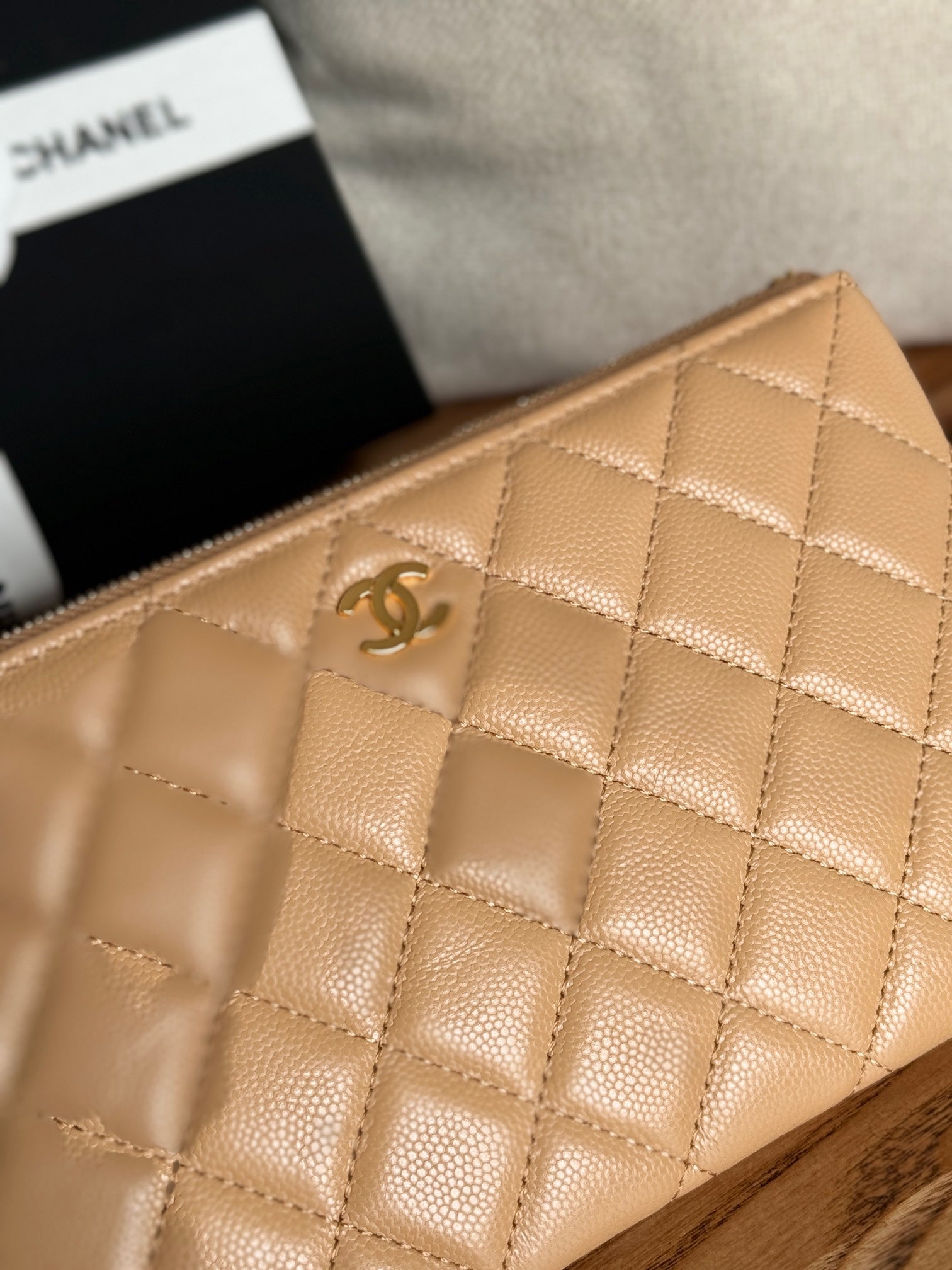 CC ZIPPED WALLET 20CM DARK BEIGE QUILTED CAVIAR GOLD HARDWARE