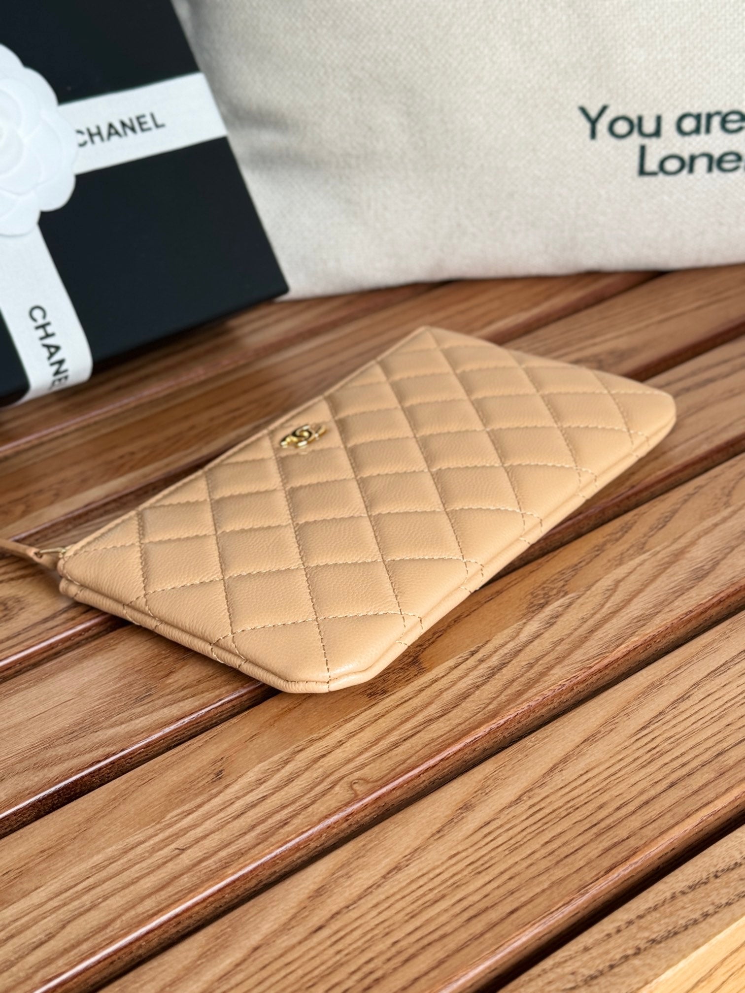 CC ZIPPED WALLET 20CM DARK BEIGE QUILTED CAVIAR GOLD HARDWARE